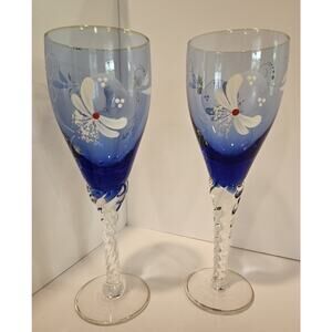 Hand Painted Bohemian Glass Cobalt Bohemian Glasses Czech - Swirl Stem - Set/2